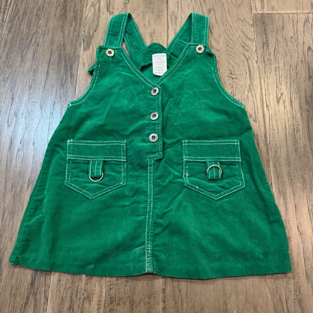 Vintage Green Corduroy Jumper Dress Toddler Size 4 with Unique Buttons